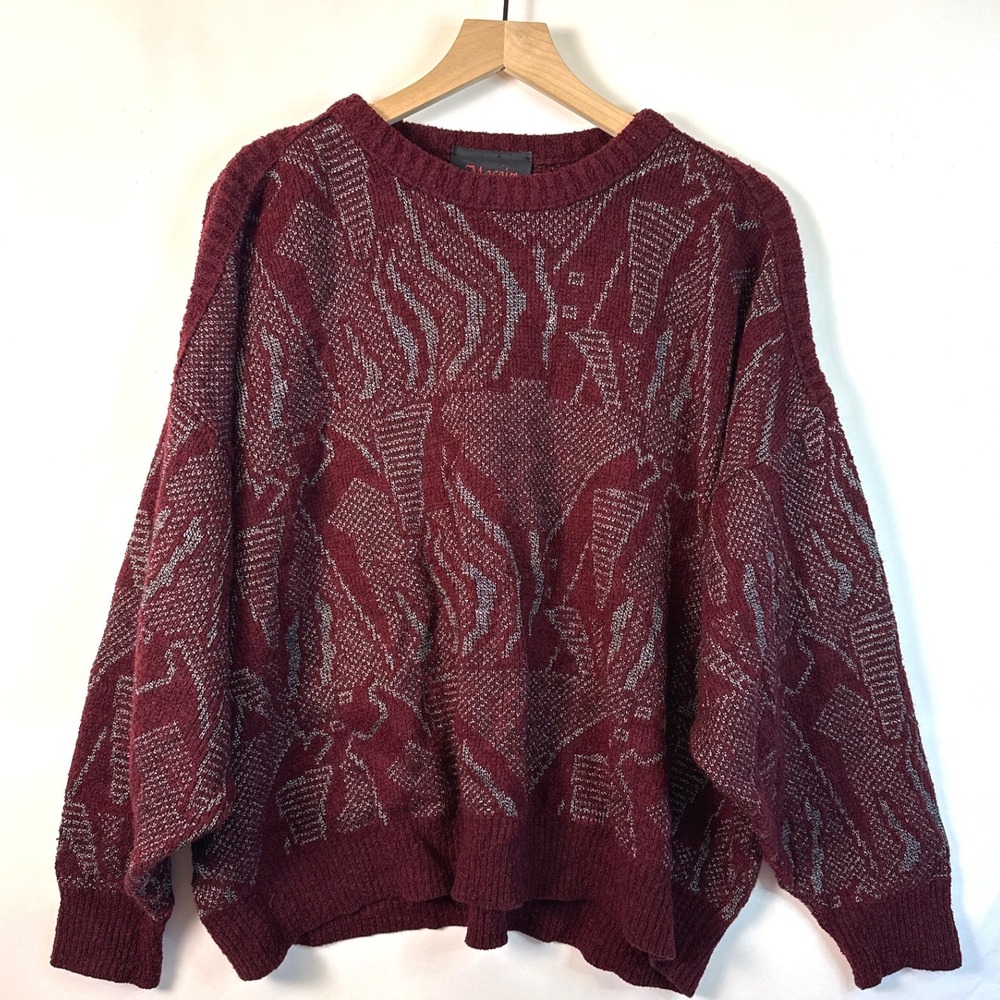 Macaire Canada Vintage Abstract Geometric Knit Sweater Burgundy Silver Mens XL